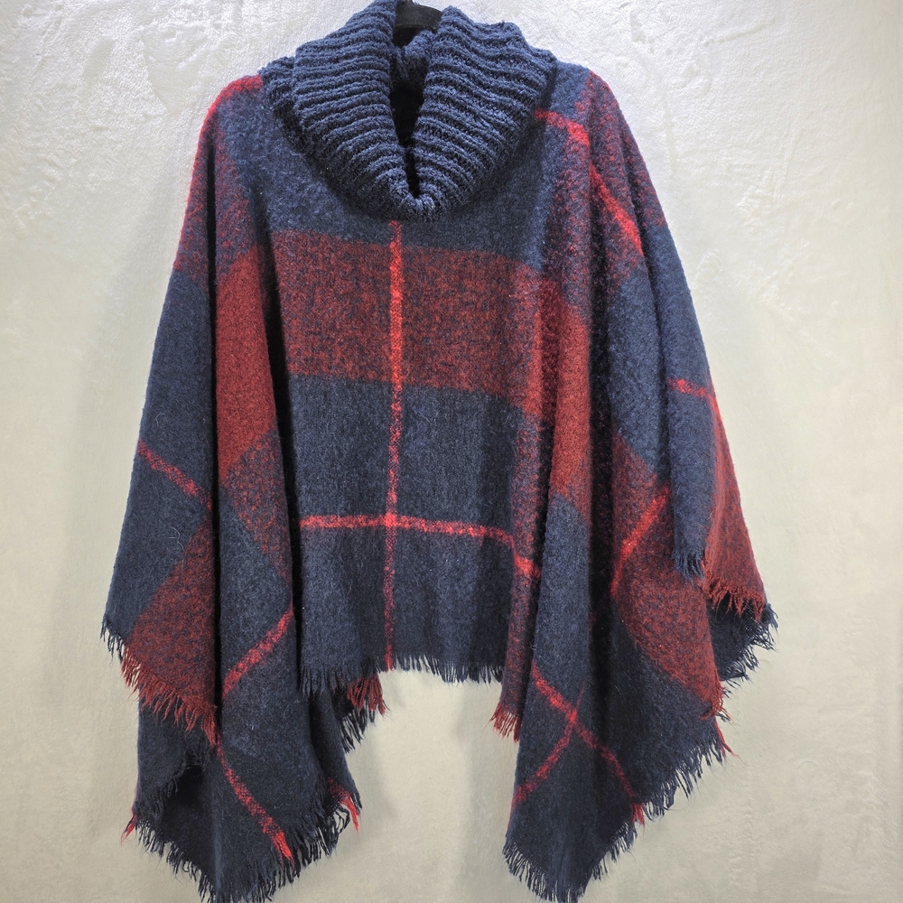 Red and Blue Plaid Cowl Neck Poncho ONE SIZE Cape
